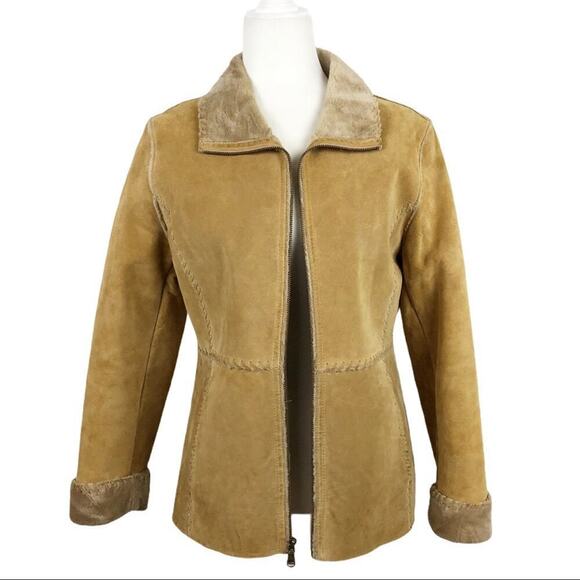 VTG Guess Shearling 100% Leather Patchwork Tan Full zip Jacket Size Small - Picture 1 of 16